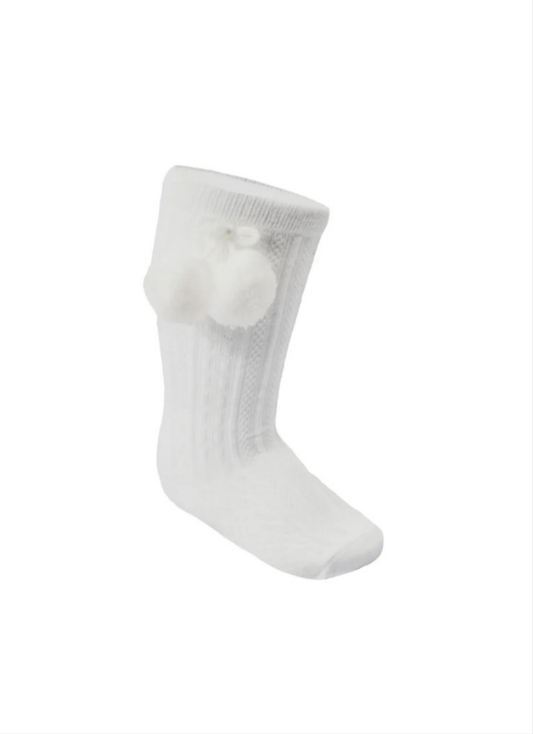 SoftTouch White Knee High Pom Pom Sock