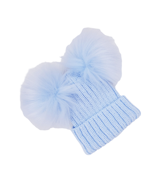 Little Chick Large Blue Ribbed Fur Double Pom Hat
