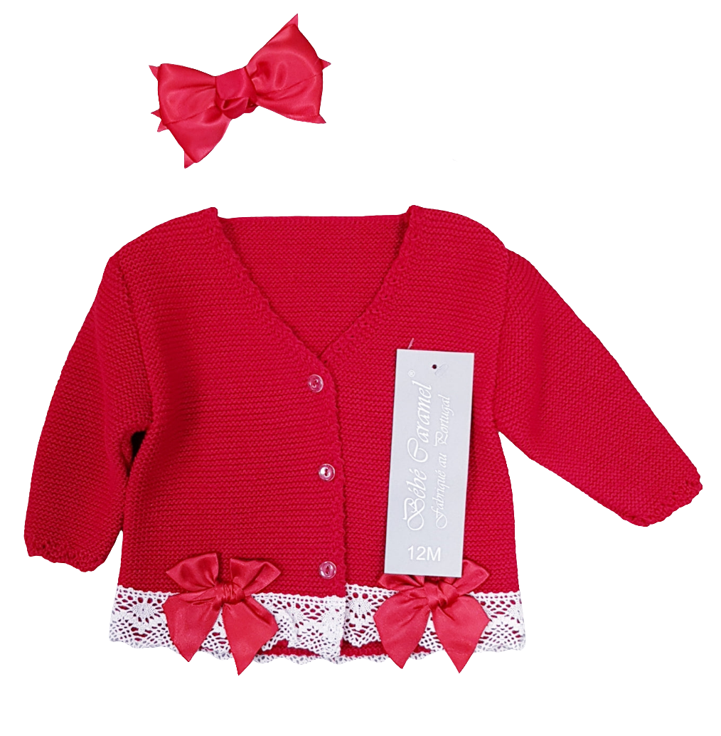 Spanish Red Bow Cardigan with Lace Trim