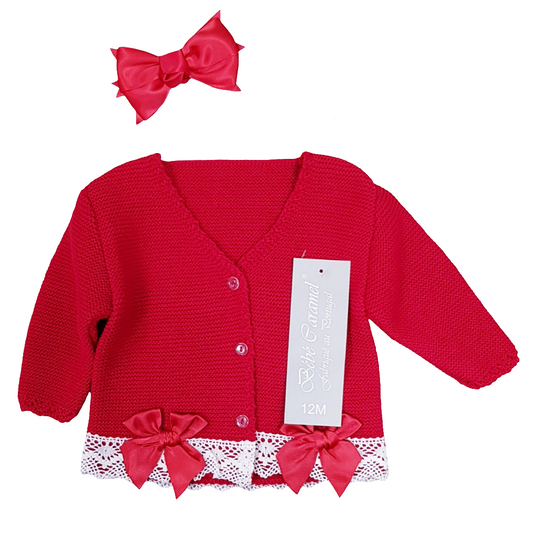 Spanish Red Bow Cardigan with Lace Trim