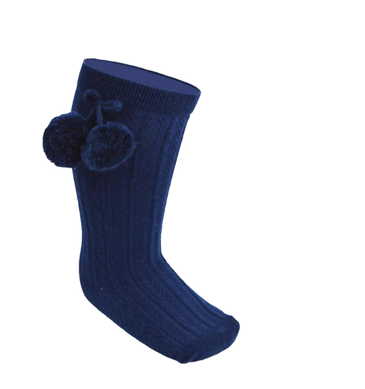 Soft Touch Navy Knee High Pom Pom Sock