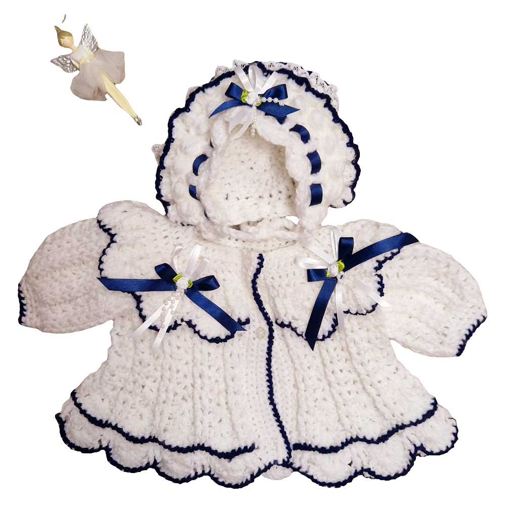 Navy and White Hamdmade knitted Set with Matching Bonnet