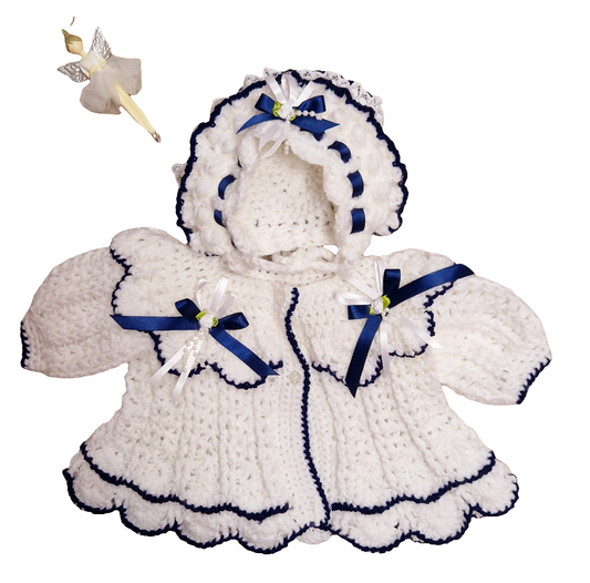 Navy and White Hamdmade knitted Set with Matching Bonnet