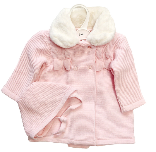 Spanish Pink Knitted Cardigan Coat with Matching Bonnet