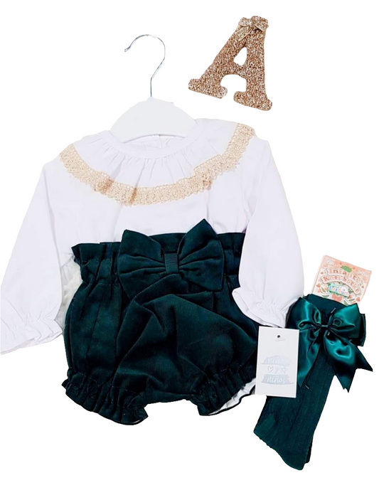 Spanish Green Pant Set with Gold Frill Collar