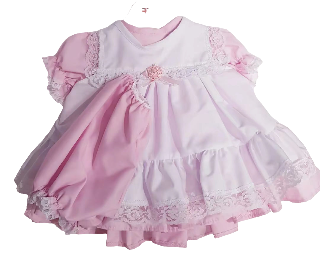 Frilly pink and white pinafore dress with matching pants