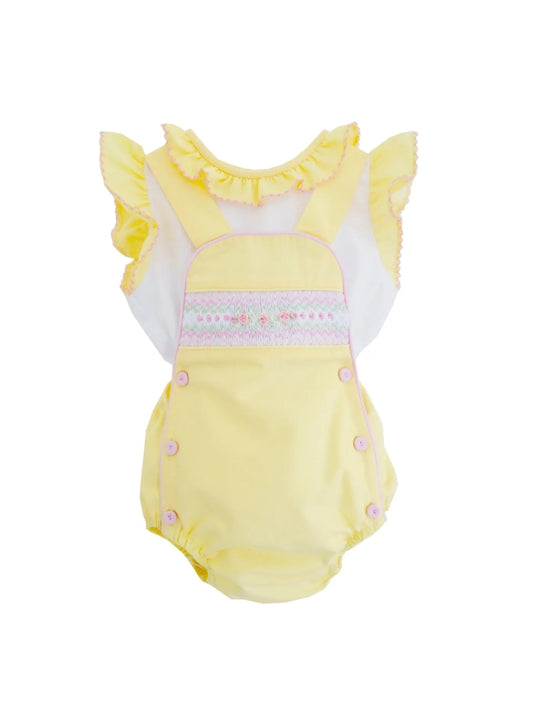 Pretty Originals girls white top with yellow frill sleeve and yellow romper with smock detail and pink trim