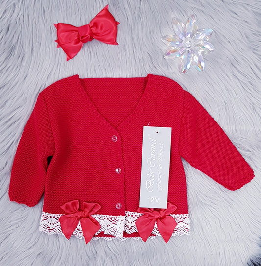 Spanish Red Bow Cardigan with Lace Trim