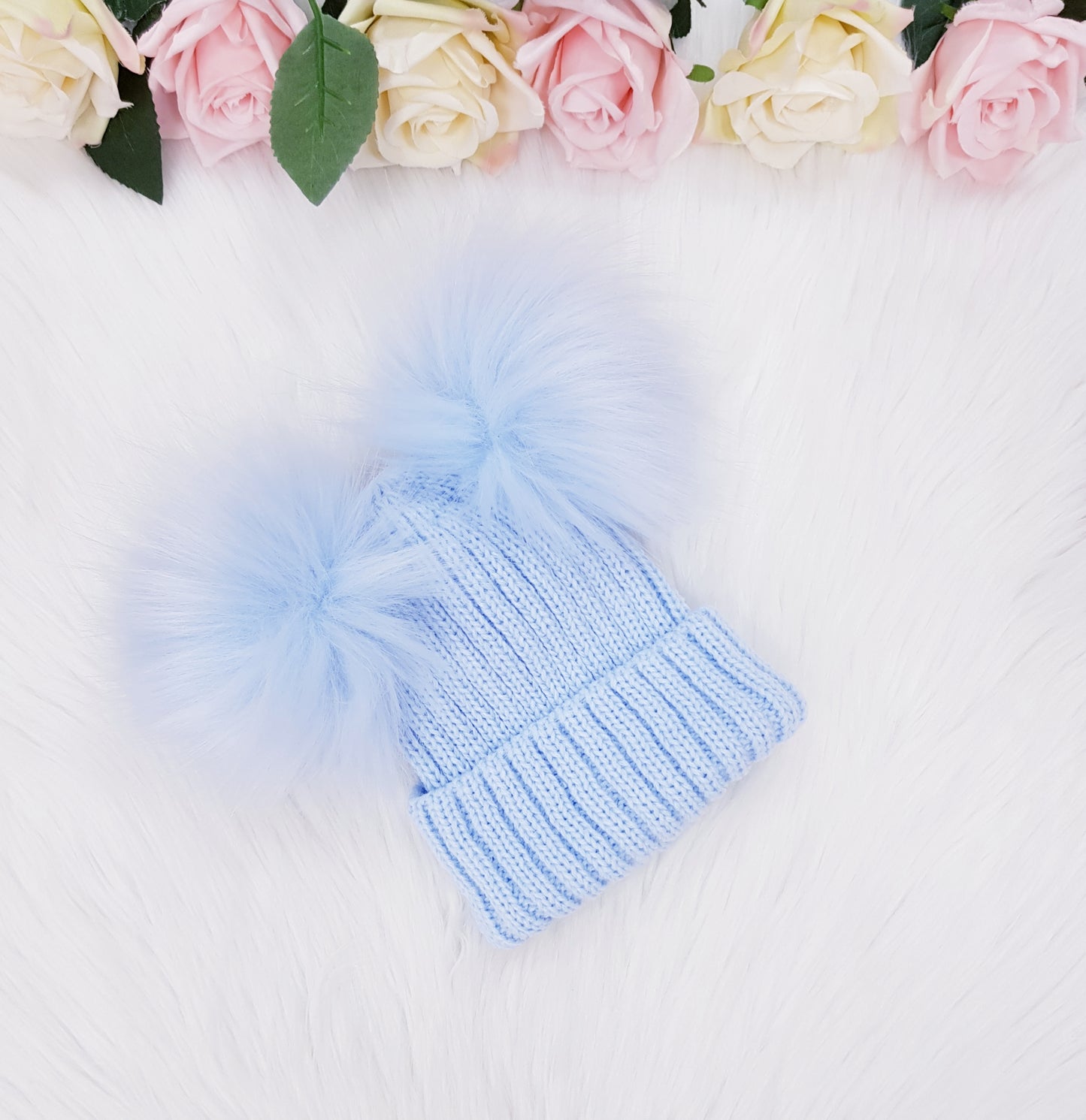 Little Chick Large Blue Ribbed Fur Double Pom Hat