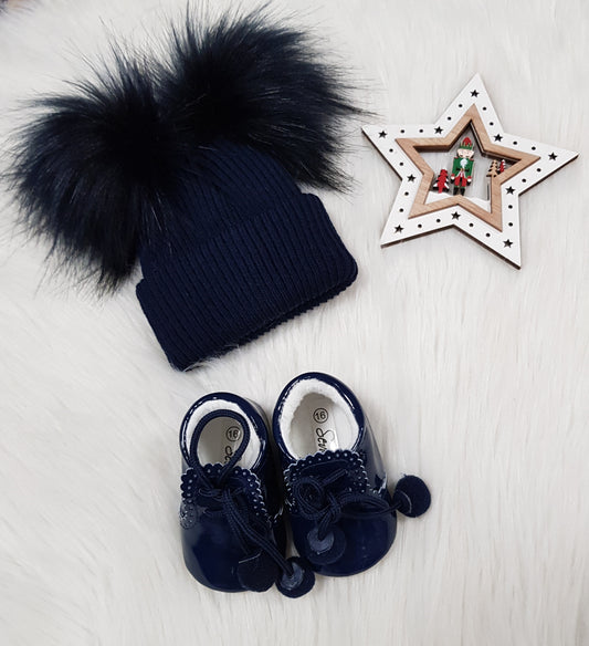 Small Navy Two Pom Pom Hat