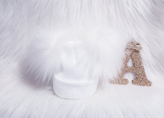 Knitted White Fur Double Pom Pom Hat