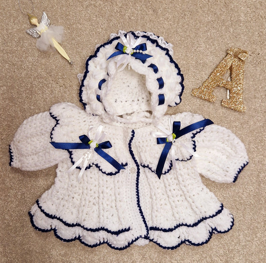 Navy and White Hamdmade knitted Set with Matching Bonnet