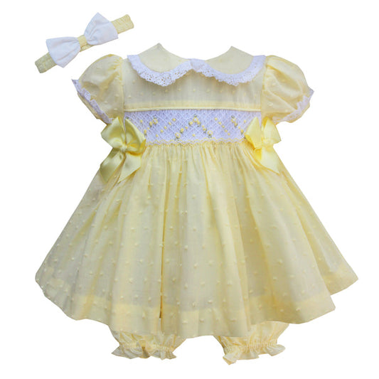 Pretty Originals Lemon & White Smocked Dress & Headband