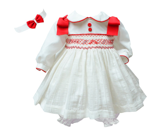 Pretty Originals Red and Cream Smocked Dress