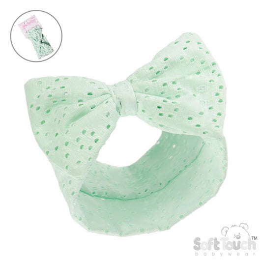 Soft Touch Broderie Anglaise Headband with Bow - Mint