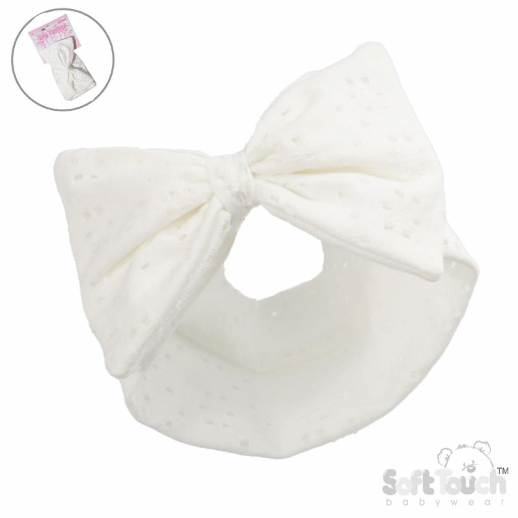 Soft Touch Broderie Anglaise Headband with Bow - White