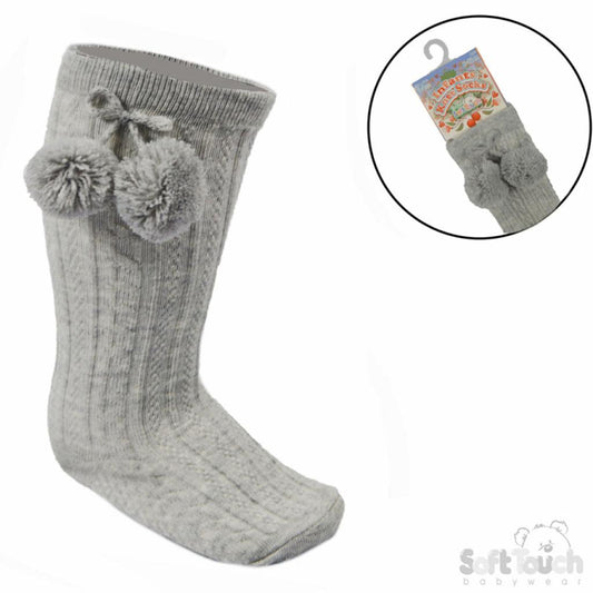 Soft Touch Grey Knee High Pom Pom Sock