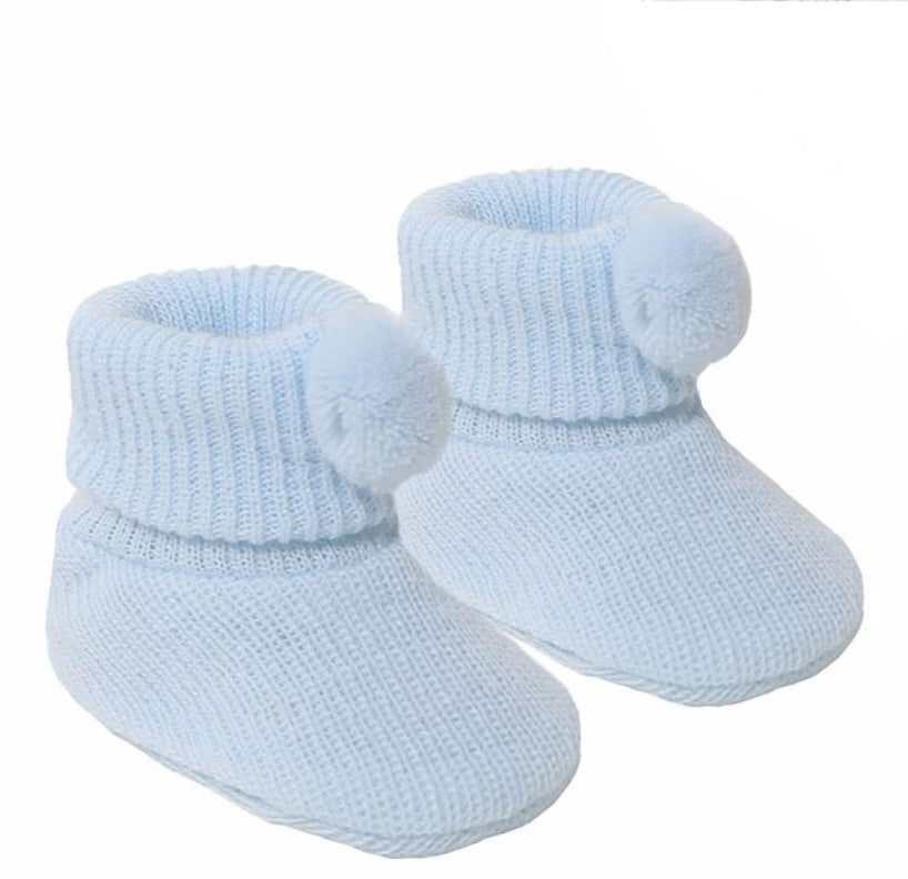 Soft Touch Sky Blue Knitted Pom Pom Booties