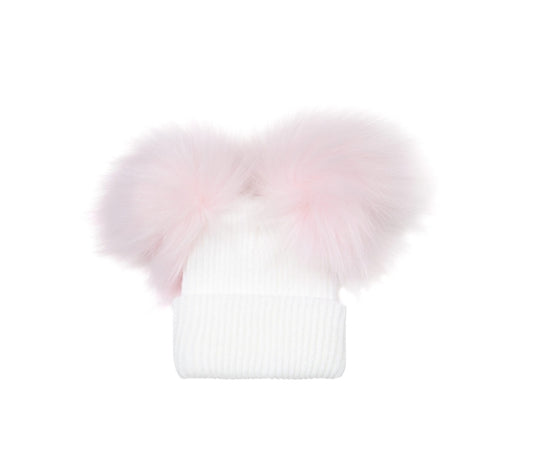 Knitted Pink Ribbed Fur Double Pom Pom Hat