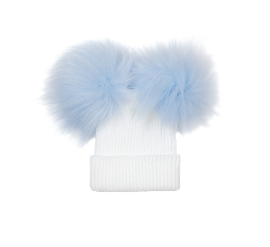 Knitted White Ribbed Fur Double Pom Pom Hat