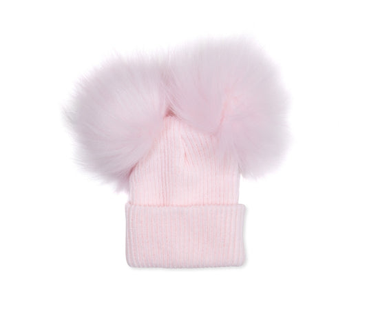 Knitted Pink Ribbed Fur Double Pom Pom Hat