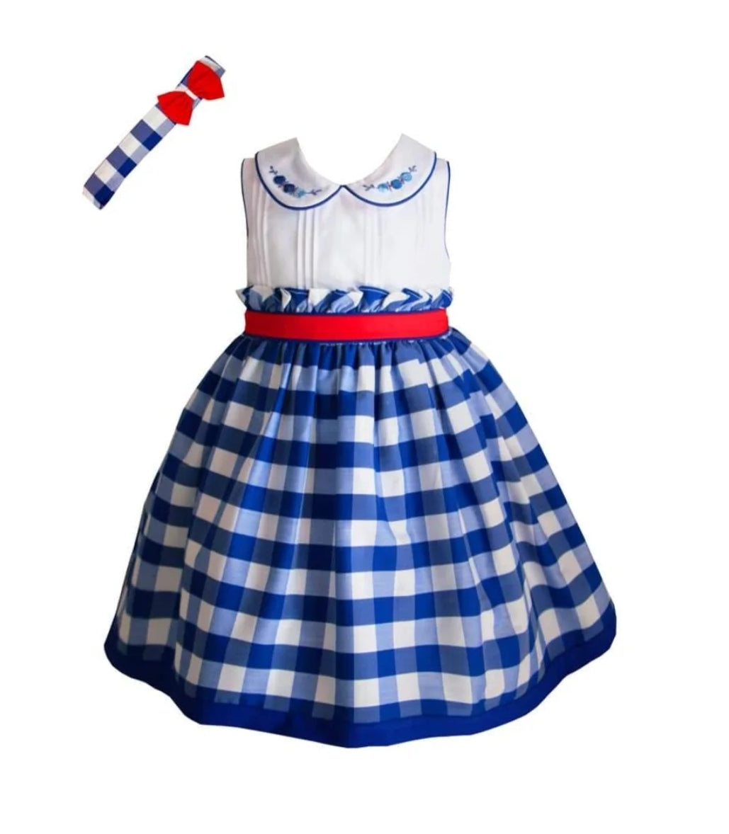 Pretty Originals Royal Blue Check Dress with matching headband