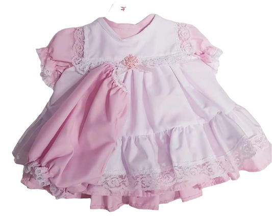 Frilly pink and white pinafore dress with matching pants