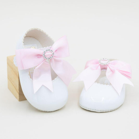 Baypods White/Pink  Diamante Bow Pram Shoe