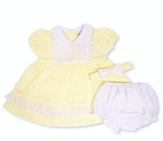 Nursery Time Lemon and White Broderie Anglaise Frilled Dress