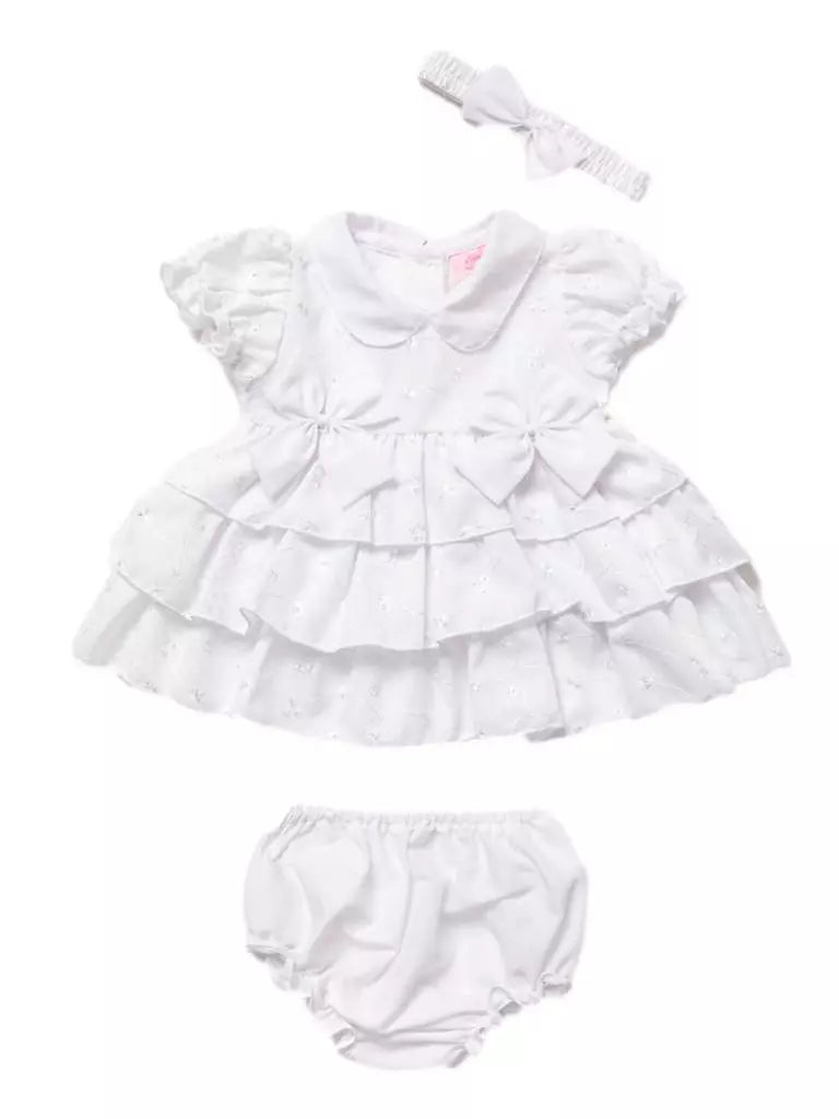 Rock a Bye Baby Girls White Broderie Anglaise Dress with Bows